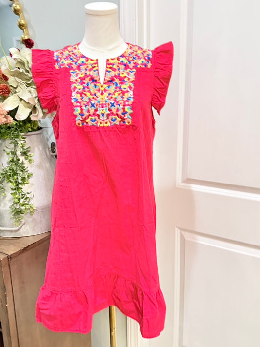 Womens Red Embroidered Dress Large EUC