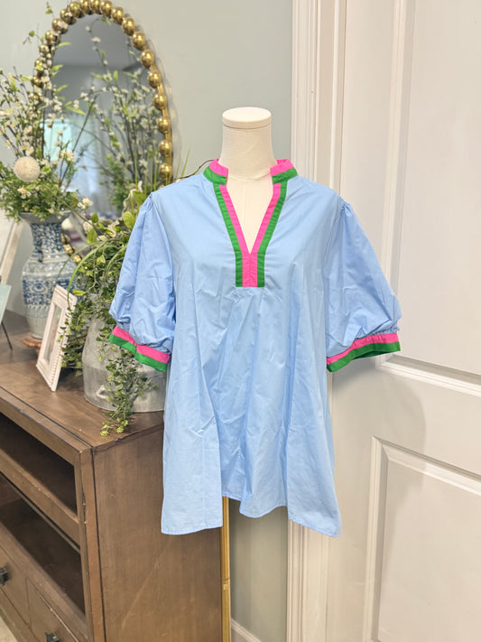 Womens Entro Blue Puff Sleeve Blouse Medium EUC