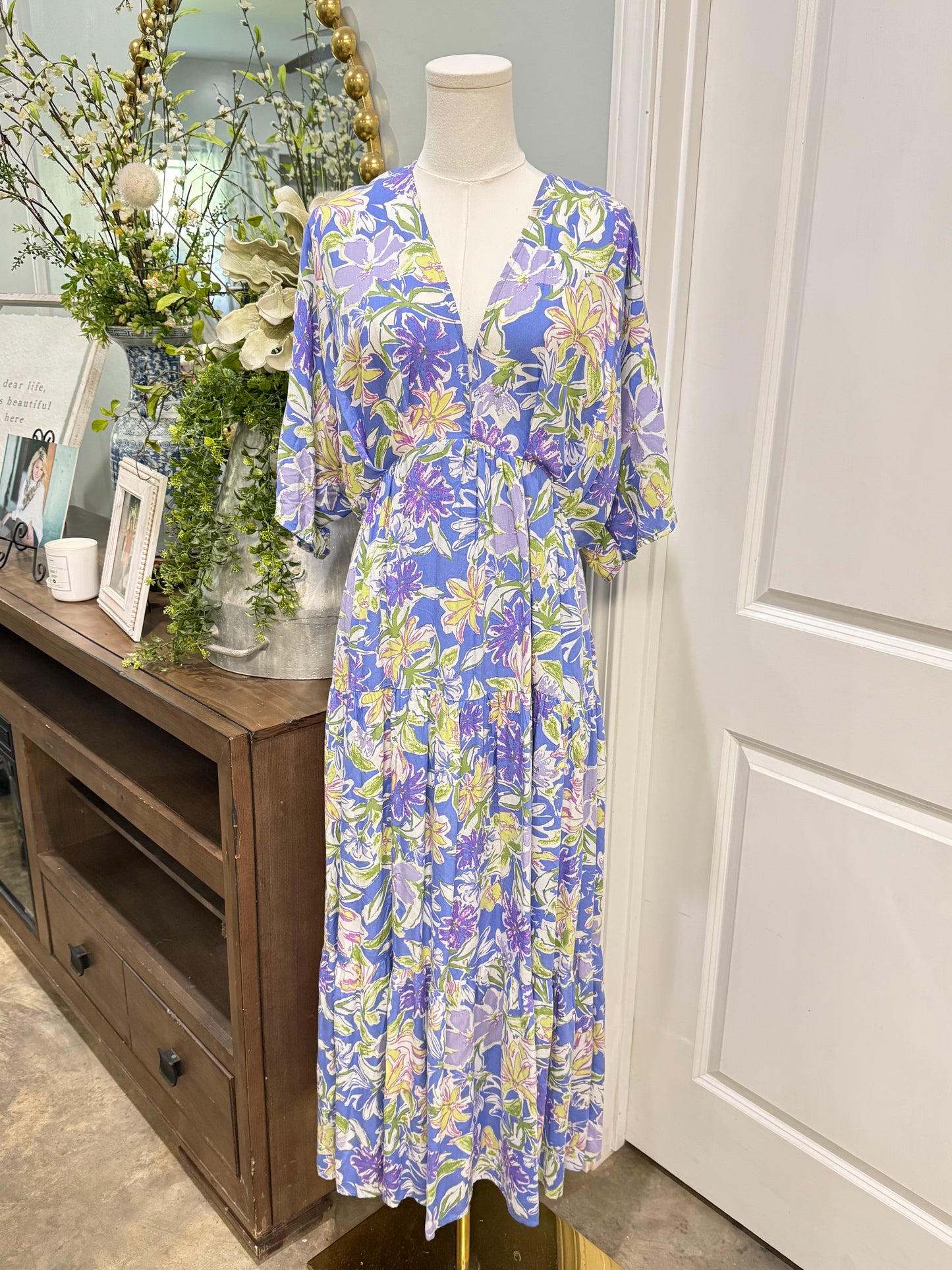 Womens Entro Lavender F;oral Maxi Dress Large EUC
