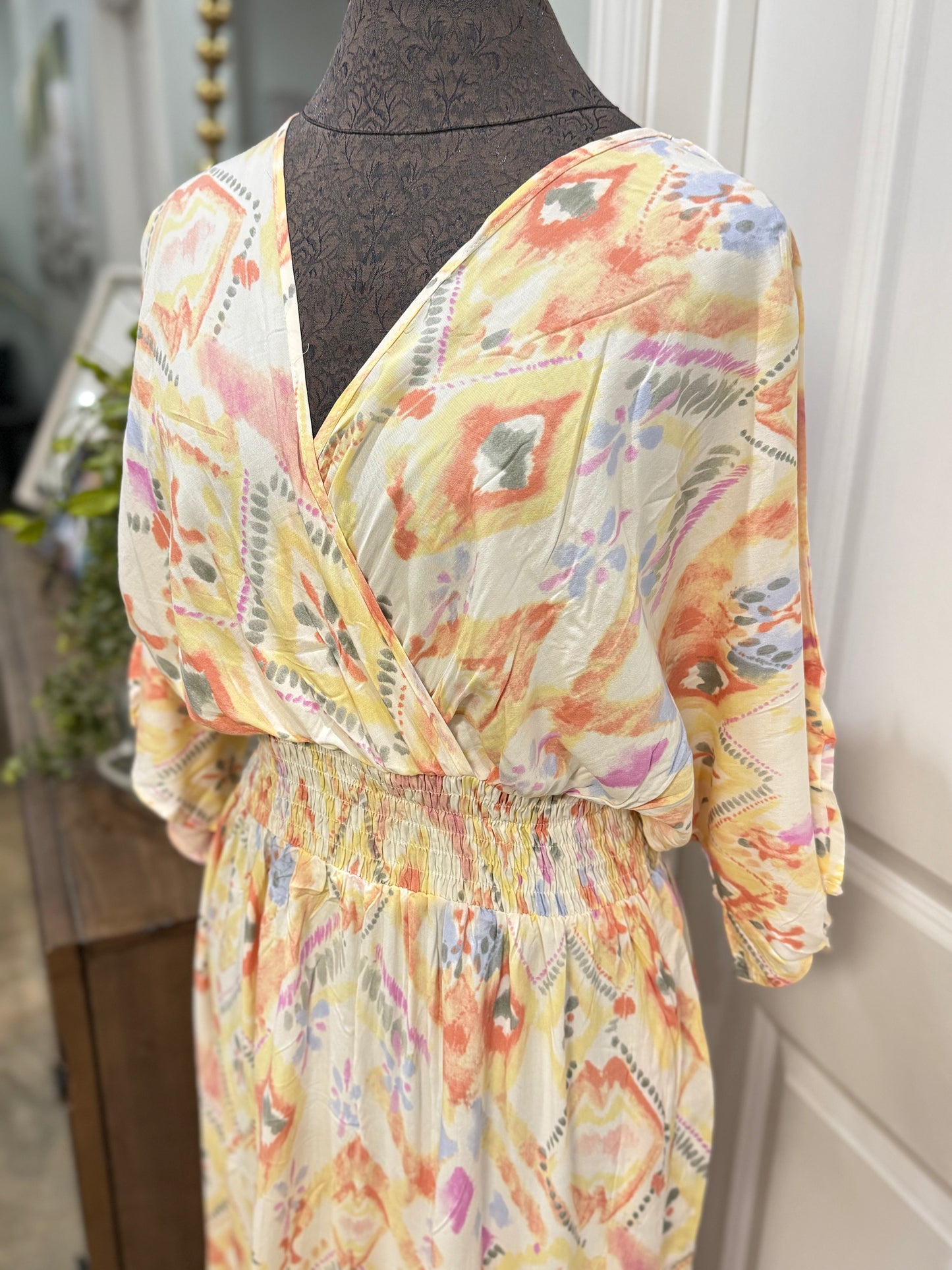 Womens Geometric Print Half Sleeve Shirred High Waist Maxi Dress M-XL