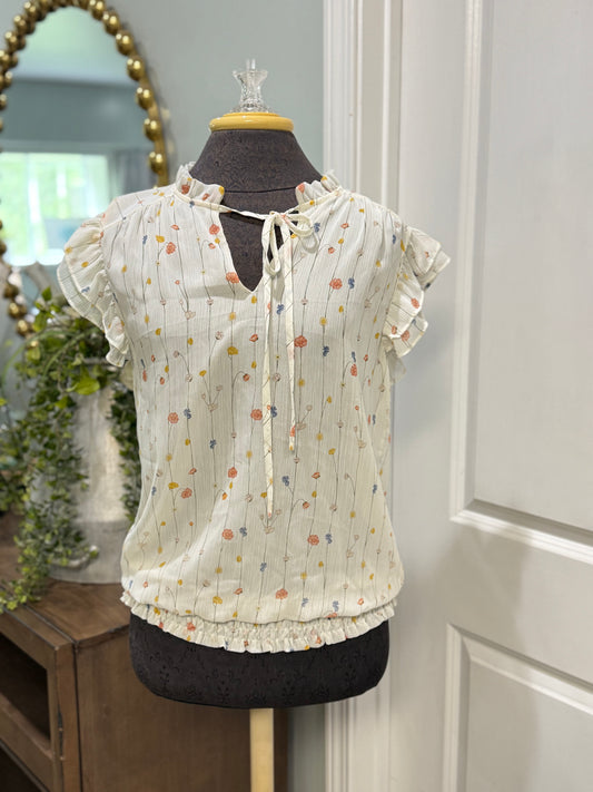 Womens Beige Floral Flutter Sleeve Blouse Medium NWT