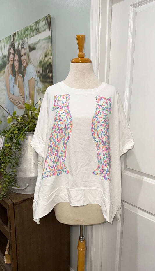 Womens Peach Love Sequin Cheetah Blouse Size Large