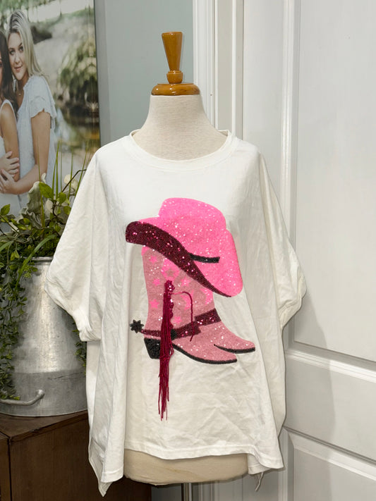 Womens Fantastic Fawn Sequin Cowgirl Tshirt Size Med OVERSIZED NWT $60