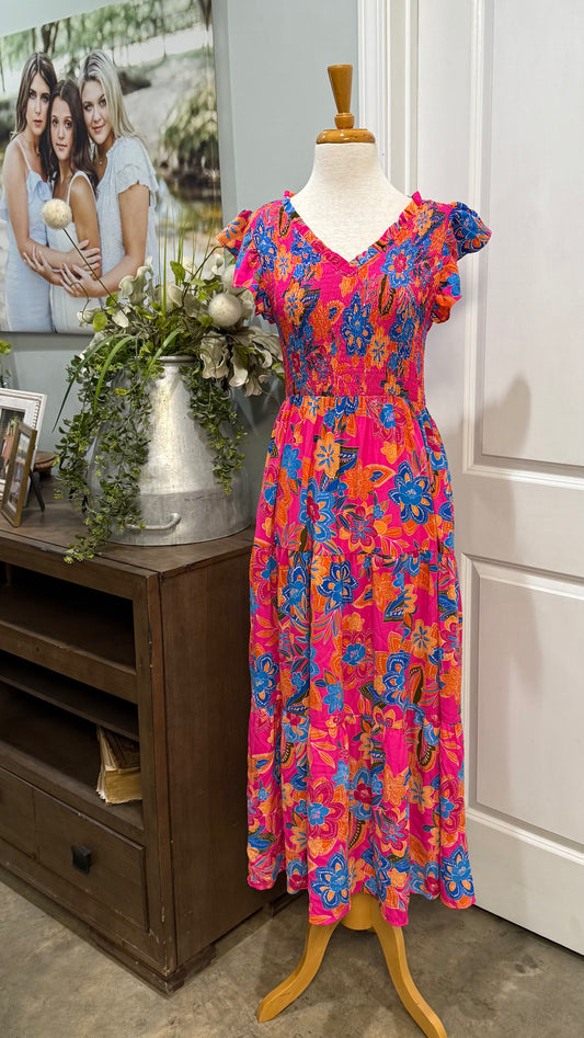 Womens Smocked Floral Maxi Dress Size Medium
